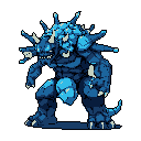 This pixel art depicts a formidable, ice/rock-themed monster with glowing cyan energy nodes and a menacing snarl. The creature stands tall with sharp spikes and powerful claws, radiating raw power and a sense of ancient strength. Its cool-toned color palette and detailed pixel work create a striking and slightly ominous presence.