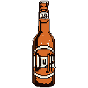 This pixel art image presents a simple, iconic amber beer bottle with a white "OH" label against a stark black backdrop. The limited color palette and blocky style create a nostalgic and straightforward representation.