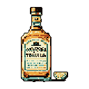 This pixel art image showcases a bottle of "MIROLA TEQUILA" alongside an empty shot glass, rendered in warm, vintage-inspired hues. The simple composition against a black backdrop evokes a feeling of anticipation and a moment of leisure.