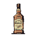 This pixel art showcases a vintage-style whiskey bottle with a detailed label, rendered in a limited palette of earthy browns and creams. The design evokes a sense of classic imagery with its focus on the product against a stark black background.