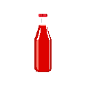 A vibrant, pixelated bottle of red liquid pops against a stark black background, rendered in a clean, retro-style aesthetic. The simple color scheme and glossy highlights emphasize the bottle's form in this still life representation.