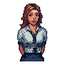 This pixel art portrait captures a young woman's quiet melancholy. With muted colors and a sorrowful expression, she evokes a sense of introspection and somber reflection. The stark background amplifies her isolated and pensive mood.