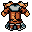 This pixel art showcases a rugged, reddish-brown leather armor set with metallic accents, perfect for a fantasy RPG character. The detailed torso piece includes shoulder pads, armguards, and a waist guard, presented as a functional and durable inventory item.