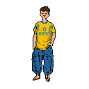 This pixel art portrait features a casually confident character sporting a vibrant yellow Brazil t-shirt, baggy blue pants, and sandals. His simple, smirking expression and relaxed pose exude a friendly yet slightly proud vibe.