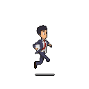 A pixel art man in a dark suit sprints urgently across the frame, tie flapping, against a stark black backdrop. The simple design and limited palette create a sense of frantic movement and isolation.