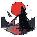 A cloaked dark warrior, reminiscent of a Sith Lord, stands silhouetted against a blood-red sun, wielding a glowing red lightsaber. The pixel art evokes a sense of ominous power and impending conflict.