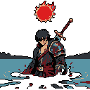 A battle-worn knight emerges from a pool of darkness, his glowing eye hinting at a supernatural element beneath a fiery sun. Bloodied and exhausted, he bears his sword as a testament to a brutal struggle. The high-contrast palette and minimalist style amplify the grim determination of this lone warrior.
