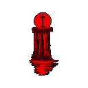 A solitary, dark monument topped with a cross stands silhouetted against a stark background, reflected in rippling water. A glowing red orb halos the cross, creating a somber and ominous scene.