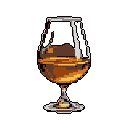 This pixel art showcases a snifter glass filled with amber liquor, rendered in a classic, elegant style. The warm tones of the spirit contrast with the cool glass and stark black background, creating a sophisticated and nostalgic image.