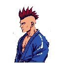 This pixel art portrays a man with a red mohawk and intense expression, clad in a blue robe. The striking figure, possibly a warrior, stands out against a dark background with abstract white shapes.