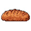 This pixel art piece showcases a rustic loaf of bread, rendered in warm, earthy tones with textured crust and scoring marks. The simple, centered depiction evokes a sense of nostalgia for this humble, everyday staple.