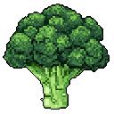 This pixel art image features a single, vibrant head of broccoli, rendered in varying shades of green against a stark black backdrop. The simple, yet detailed design gives the humble vegetable a classic, almost still-life quality.