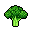 This pixel art piece showcases a vibrant broccoli floret, its textured green head popping against a stark black background. The retro-style design captures the vegetable's form with simple yet effective detail.