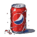 This pixel art image depicts a battered and dented Pepsi can, standing as a gritty still-life study of an imperfect everyday object. The vibrant red, white, and blue of the can are contrasted by its damaged state and a stark black background, evoking a mood of melancholy and abandonment.