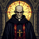 A stern cleric with glowing red eyes and ornate robes is depicted in pixel art, his intense gaze and solemn posture hinting at a hidden, darker nature. The golden cross pendant and white collar contrast sharply with his dark attire, adding to the image's sense of ancient authority and potential malevolence.