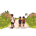 Three young boys journey down a dirt road in this pixel art image, evoking a sense of simple, rural life. The boys, one with a backpack, walk towards an unseen destination.