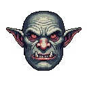 This pixel art showcases the menacing head of a grotesque orc-like creature with piercing red eyes and a chilling stare. Rendered in cool grays and blues, the detailed shading brings depth to this intimidating portrait.