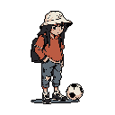 A pixel art image portrays a young girl with a soccer ball, her muted attire and slightly slumped posture suggesting a moment of quiet introspection. Her gaze is fixed on the ball, hinting at a paused game or a pensive break.