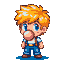 A cute, chibi-style character blows a large pink bubble gum bubble, his bright blue eyes conveying youthful innocence. The pixel art image captures a playful and energetic moment.