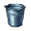 This pixel art image presents a metallic bucket filled with water, rendered with careful detail to capture its reflective surface. Isolated against a black background, the bucket evokes a sense of utilitarian simplicity, like an item ready for use.