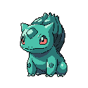 This pixel art image depicts a calm and collected Bulbasaur standing in a relaxed pose. The cool-toned color palette and simple design create a tranquil atmosphere.