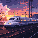 A sleek, light gray bullet train speeds across the screen, its illuminated windows hinting at journeys within, set against a picturesque backdrop of a vibrant sunset and blossoming cherry trees.