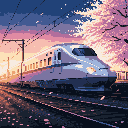 A pixel art Shinkansen speeds past a blooming cherry blossom tree, creating a serene and nostalgic scene. The image captures the beauty of travel and springtime with a blend of warm and cool tones in a gradient sky.