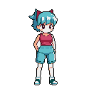 A pixel art image features a relaxed girl with light blue hair and a red bow, sporting a reddish-pink tank top and light blue shorts. Her casual pose and neutral expression create a calm, nostalgic vibe against a stark black background.