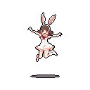 A pixel art image shows a joyful, rabbit-eared girl mid-jump, her white and red dress adding a pop of color against the dark background. Her playful pose and slight smile convey a sense of lightness and energy.