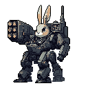 A robotic bunny warrior stands ready for battle in detailed pixel art. This armored rabbit mech features a large shoulder-mounted weapon, blending a cute character with a menacing military aesthetic.