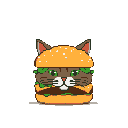 This pixel art image features a charming cat-burger hybrid, where a feline's head and body are cleverly integrated into a delicious-looking hamburger. With sesame seed fur and lettuce forming its body, the "cat-burger" stares forward with curious green eyes.