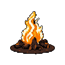 This pixel art depicts a vibrant campfire with flickering flames rising from a pile of logs. The warm colors and simple composition evoke a sense of cozy comfort and primal warmth.