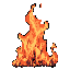 A vibrant pixelated pillar of fire flickers against a dark background, its jagged edges and warm orange-red gradient conveying intense energy and a classic, minimalist aesthetic. The dynamic flame dominates the image, evoking a primal sense of warmth.