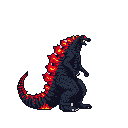 This pixel art depicts a menacing, molten "Burning Godzilla" type monster in profile, its fiery glow contrasting against its dark hide. The powerful kaiju exudes an aura of destruction and immense power.