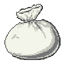 A pixel art image shows a full, white sack cinched at the top with a simple knot, rendered in shades of grey for a functional and uncluttered design.