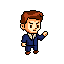 A pixelated businessman in a dark blue suit gestures emphatically, his furrowed brows and pointing hand conveying a sense of authority or urgency. The retro style and simple design evoke a classic video game character delivering a crucial command.