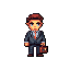 A pixel art businessman in a dark suit stands poised with a briefcase, his neutral expression hinting at an unknown agenda. The figure's warm skin tone and vibrant tie offer subtle contrast against the otherwise muted palette.