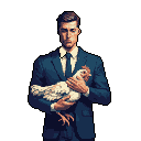 A pixel art image depicts a man in a dark blue suit holding a white chicken close to his chest, his serious expression adding a touch of surreal intensity. The subject's gaze is direct and unwavering, creating an intriguing and unexpected portrait.