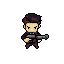 A pixel art gunslinger, rendered in muted tones, stands ready for action with his shotgun. His stern expression and posture suggest a serious, combat-oriented scenario. The isolated figure is presented against a stark black background, emphasizing his readiness.