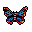 This pixel art image showcases a stylized butterfly with intricate red, blue, and yellow wings spread against a stark black background. The geometric design and vibrant colors evoke a nostalgic, classic charm.
