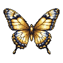 This pixel art showcases a vibrant butterfly in symmetrical, top-down view, its wings a striking display of golden yellows and deep blues. The intricate details and stark black background create an elegant and iconic image.