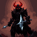 A fearsome, pixelated demon knight stands ready, its spiked black armor and glowing red eyes radiating malevolence against a fiery, infernal backdrop. Wielding a double-bladed spear and a broad axe-like weapon, this imposing figure exudes power and dread.