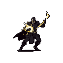 A heavily armored figure unleashes a surge of vibrant yellow energy from a glowing staff and their hand, poised in a powerful stance. The dark attire and obscured face create a mysterious and ominous presence, amplified by the intense energy display.