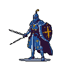 A lone, pixelated knight stands ready in the darkness, his blue and gold armor gleaming as he unleashes magical energy from his sword. Shield emblazoned with a golden cross held firm, he embodies solitary strength and a hint of retro fantasy.