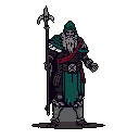 A heavily armored, aged warrior stands tall, his face obscured by a white beard, offering a gesture that could be greeting or command. He wields a distinctive polearm, conveying a sense of steadfast authority and dark fantasy.