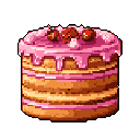 This pixel art showcases a delicious, multi-layered sponge cake topped with pink icing and bright red cherries. The warm color palette and detailed texture evoke a sense of sweetness and celebration.