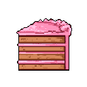 This pixel art showcases a delicious slice of layer cake, its warm brown cake layers and bright pink frosting rendered in charming detail. The isolated cake slice stands out against a black backdrop, evoking a sweet and nostalgic vibe.
