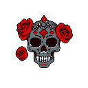 This pixel art showcases a stylized sugar skull adorned with vibrant red roses and an elaborate jeweled headpiece, capturing the celebratory yet gothic aesthetic of Day of the Dead traditions. The striking high-contrast design features intricate details in a limited, impactful color palette.