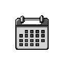 This minimalist pixel art depicts a grayscale desk calendar, its simple design evoking a sense of utility and retro digital interfaces. The focus is on the calendar's grid of days and coil binding, rendered in various shades of gray against a stark black background.