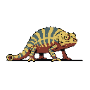 This pixel art image features a side-profile view of a chameleon, its body arched in a posture suggesting slow movement or observation. The creature's striped yellow and blue-grey pattern contrasts with its reddish-brown underbelly, all set against a stark black background.